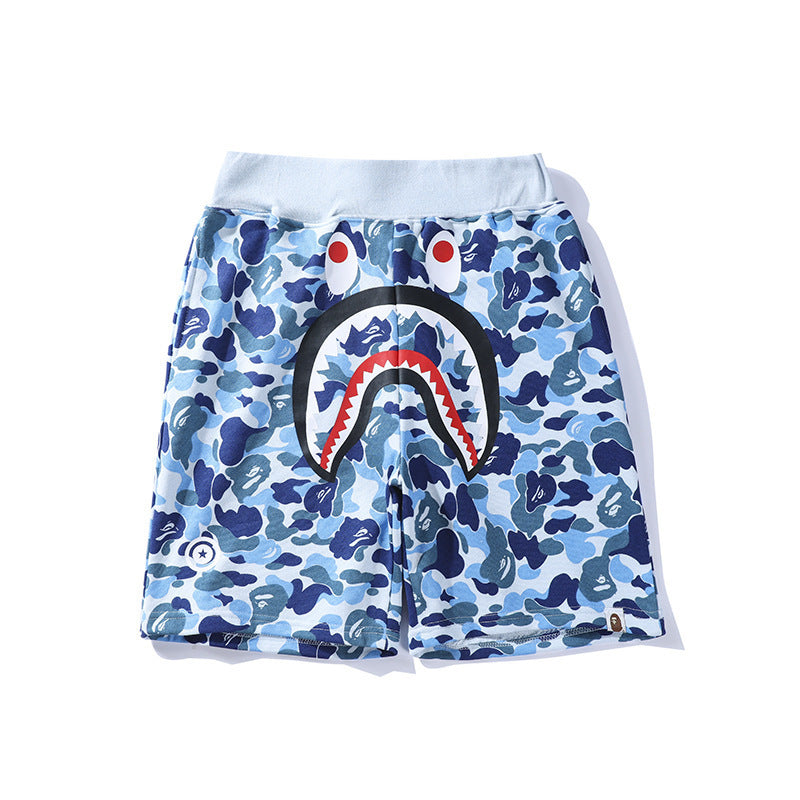 A Bath Ape Shorts Shark Head Camouflage Bottom Pattern Casual Shorts Men's and Women's Fashion Lace Shorts