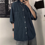 Harajuku Clothing Men's Casual Shirts Summer Denim Shirt Top Short Sleeve Loose Shirt for Men and Women