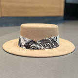 Cam Newton Hats British Woolen Flat Top Hat Women's Autumn and Winter Pattern Ribbon Retro Fedora Hat