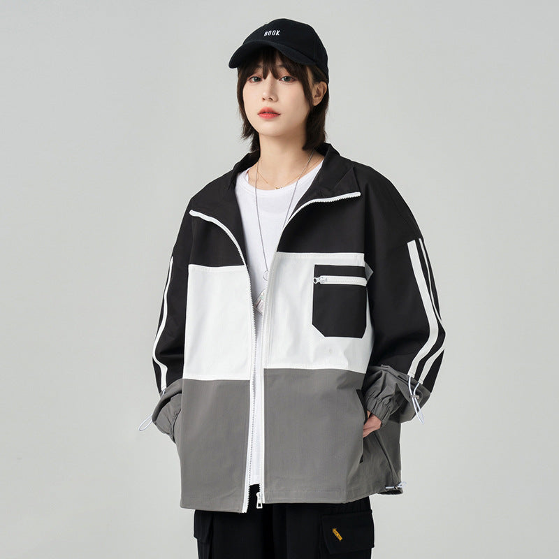 At Men's Spring Youth plus Size Retro Sports Jacket Men's Color Contrast Patchwork Stand Collar Jacket Student Jacket Men Jacket