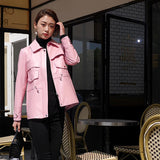 Hot Pink Motorcycle Jacket Mid-Length Casual Coat Spring Genuine Leather Clothes