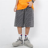 Men Jean Shorts Letter Printed Washed Denim Shorts Men's Summer Street Casual Loose Straight Shorts