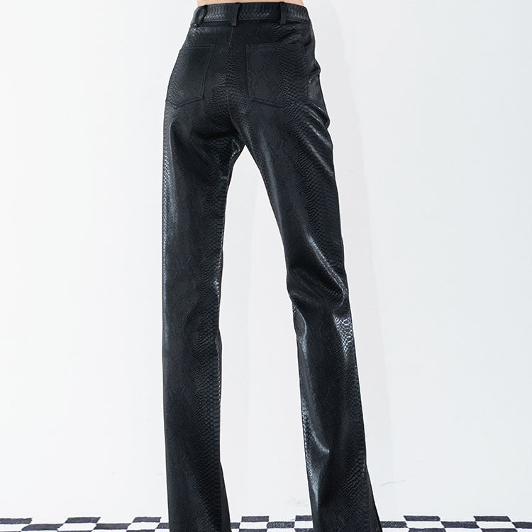 Faux Leather Pants Snake Pattern Split Leather Pants Women's Autumn and Winter High Waist Straight Casual Pants