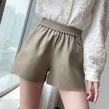 Leather Shorts Elastic Waist Pu Women's Autumn and Winter A- line Loose Wide Leg Pants Outer Wear Casual Boot Pants