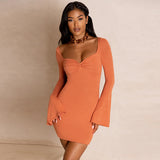 Green Fairycore Dress Fall Fashion Flared Sleeves Square Collar Sexy Low-Cut Slim Fit Sheath Dress for Women