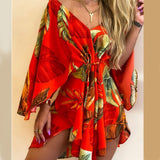 Red Peasant Dress Autumn Sexy V-neck Irregular Batwing Sleeve Lace-up Dress