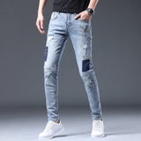 Men Distressed Jeans Man Ripped Jean Destructed Denim Pants Man Spring Summer Jeans Spring Slim-Fitting Stretch Patch Jeans Men's Trend Men Jeans