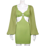 Green Fairycore Dress Midriff Outfit Hollow Hip Lifting Skirt Summer Puff Sleeve Irregular Waist-Baring Dress