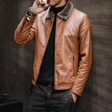 80's Leather Jacket Winter Leather Coat Men's Fleece-Lined Warm Middle-Aged Lapel Leather Jacket Coat