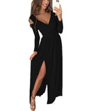 Green Fairycore Dress Autumn and Winter Long Sleeve V-neck Solid Color Hem Split Dress for Women