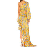 Kendall Jenner Wedding Guest Dress Hip Skirt Oblique Shoulder Floral Irregular Lotus Leaf