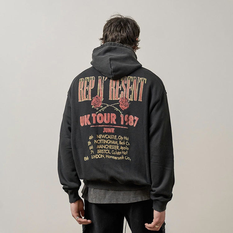 Present Letter Print Hoodie Present Vintage Distressed Rose Skull Printed Hoodie