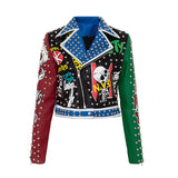 Azalea Wang Graffiti Moto Jacket Blue and Red Color Matching Leather Printed Half-Open Collar Punk Rivet Coat Short Slim-Fit Leather Coat Women