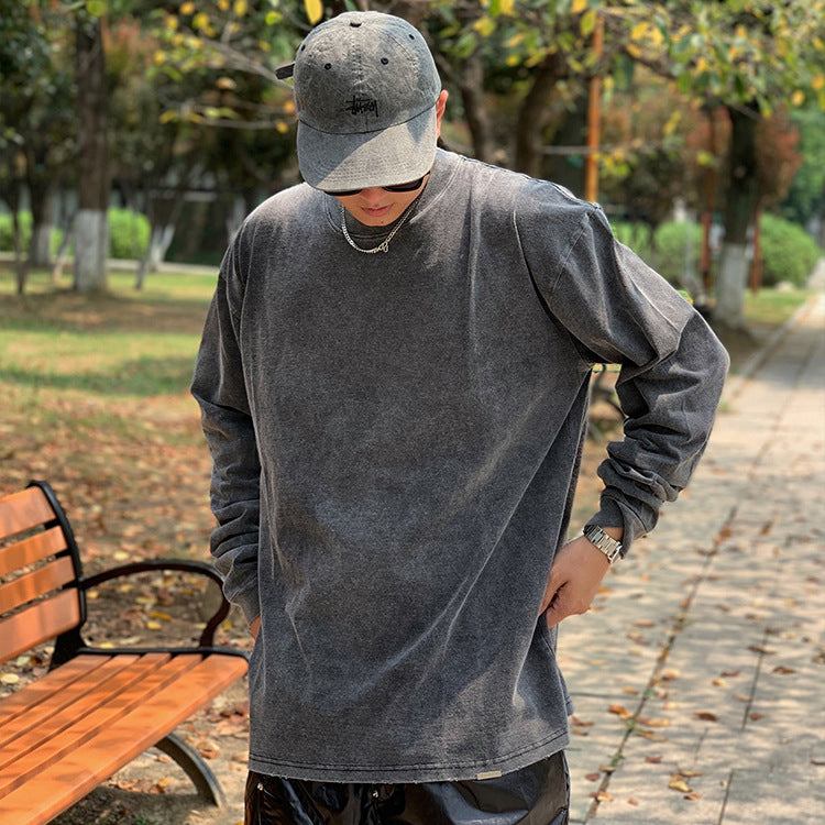 Present Letter Print T Shirt Present Double Line Series Solid Color Long Sleeve Loose Casual Couple Base T-shirt