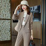 Women Pants Suit Uniform Designs Formal Style Office Lady Bussiness Attire Short Fashion Slim Fit Small Suit Jacket Striped