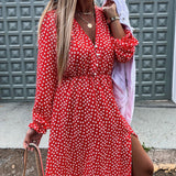 Red Peasant Dress Autumn and Winter Long Sleeve Printed Sexy Waist Slit Midi Dress for Women
