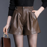 Leather Shorts Fall/Winter Elastic High Waist Slimming A- line Wide Leg Pants PU Leather Shorts