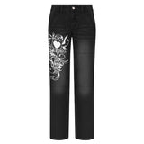 Low Rise Jeans Autumn Casual Loose Trousers Low Waist Pleated Heart Printing Jeans