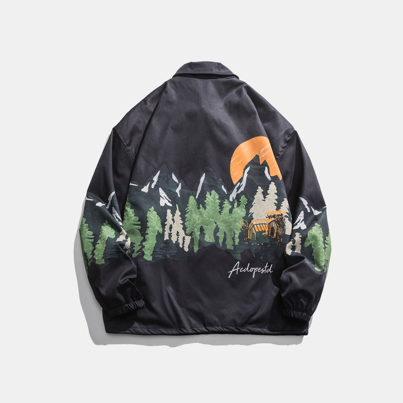 Men's Spring plus Size Retro Sports Jacket Men's Forest Sun Print Green Casual Jacket Men Coat