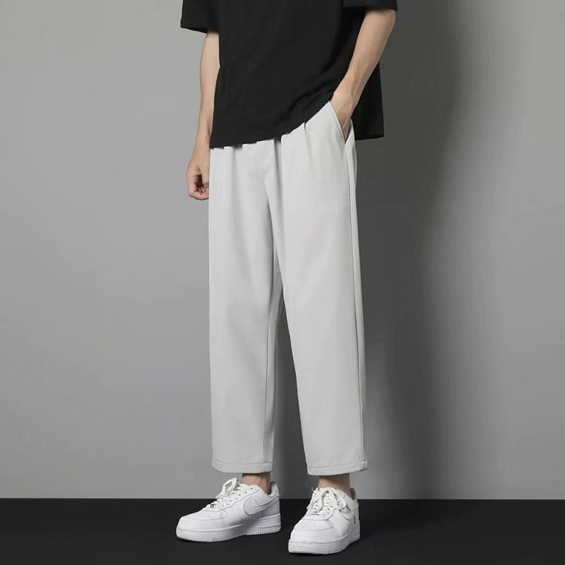 Men Pants Ice Silk Leisure Straight Cropped Suit Pants