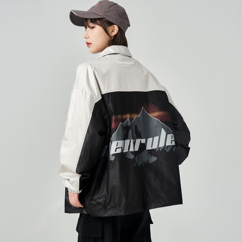 Men's Large Size Sports Retro Spring Stand Collar Coat Men's Peak Print Color Matching Jacket Personality Coat Trendy Men Coat