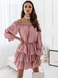 Red Peasant Dress Autumn Solid Color off-Shoulder Irregular Dress