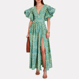 Green Fairycore Dress High Waist Slit Long Dress Autumn Puff Sleeve V-neck Waist-Controlled Large Hem Dress