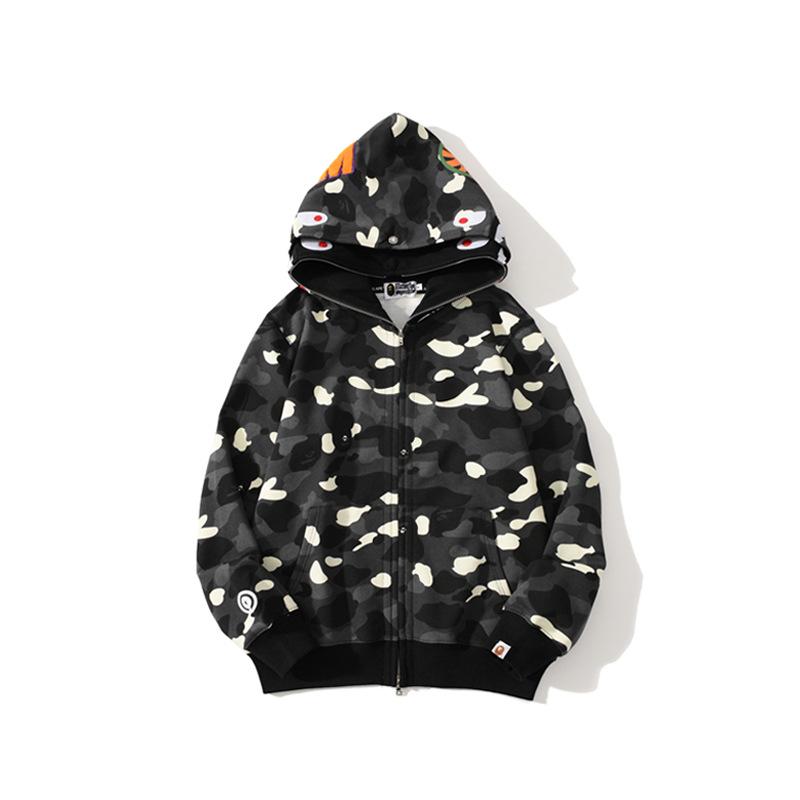 A Ape Print Hoodie Shark Head Embroidery Luminous Spot Camouflage Double Hood Brushed Hoody Men and Women