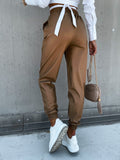 Leather Leggings Fall/Winter Mid Waist with Pockets Casual Long Leather Pants Women