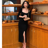 Green Fairycore Dress Retro Autumn Square Collar Knitted Dress Tight Waist Hip Split Mid-Length Skirt