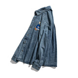 Men Shacket Long Sleeve Autumn Shirt Fall Lapels Washed Denim Shirt Cartoon Coat Loose Top