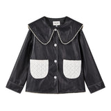 Urban Leather Jacket French Pearl Trim Contrast Color Sailor Collar Leather Profile Loose Jacket Leather Coat