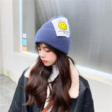 Women Beanies Smiling Face Big Patch Hat Beanie Hat Skullcap Female Autumn and Winter Thermal Knitting Woolen Cap