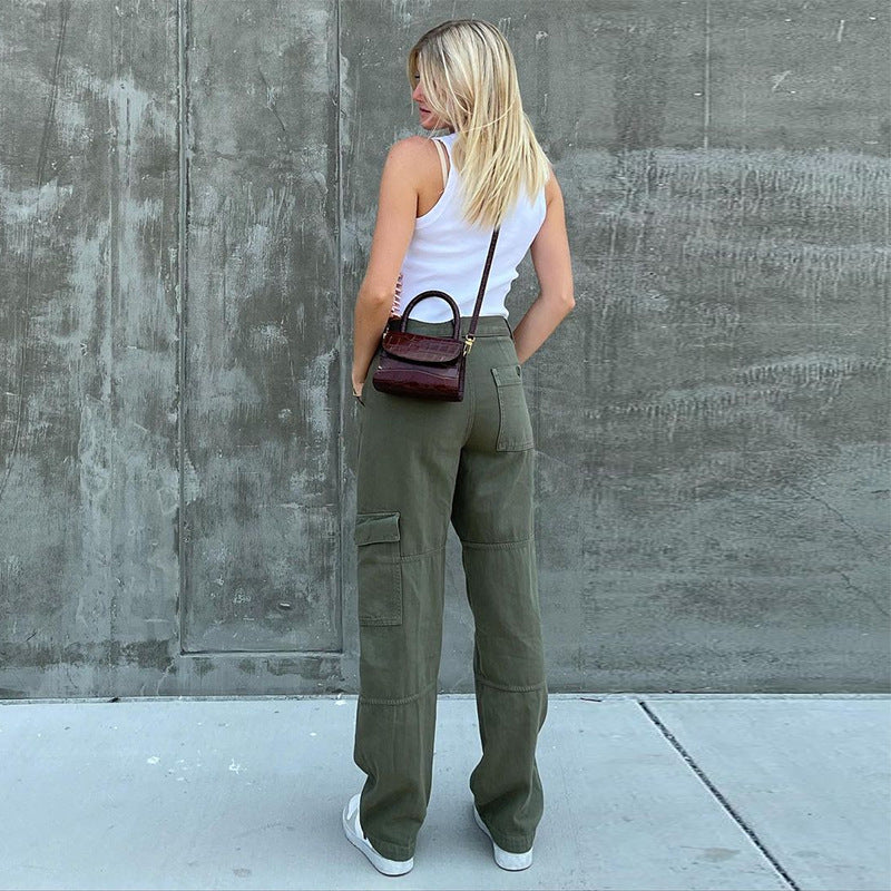 Low Rise Jeans Straight Jeans Autumn Solid Color Pockets Patchwork Cargo Pants Trousers