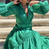 Green Fairycore Dress Summer Elegant Waist-Tight Slimming Puff Sleeve V-neck Patchwork Belt Long Dress