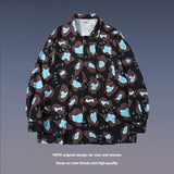 Mens Fall Outfits Loose Cartoon Leopard-Print Long-Sleeved Shirt Casual Top