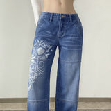 Low Rise Jeans Autumn Casual Loose Trousers Low Waist Pleated Heart Printing Jeans
