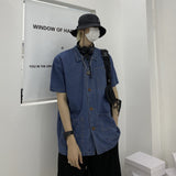 Harajuku Clothing Men's Casual Shirts Summer Workwear Denim Short-Sleeved Shirt for Men