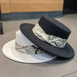 Cam Newton Hats British Woolen Flat Top Hat Women's Autumn and Winter Pattern Ribbon Retro Fedora Hat