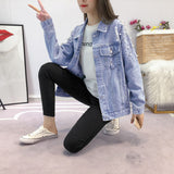 Pearl Jean Jacket Spring and Autumn Women's Clothing Ripped Denim Denim Jacket Fashion