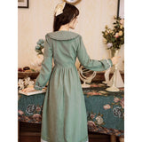 Green Fairycore Dress Autumn and Winter Artistic Retro Style Embroidered Mid-Length Long Sleeve Large Skirt