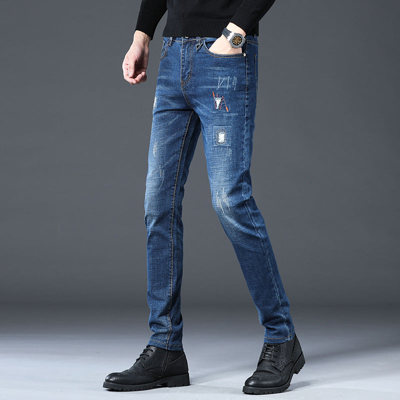 Men Distressed Jeans Man Ripped Jean Destructed Denim Pants Men Summer Jeans Spring Slim-Fitting Stretch Ripped Ankle Tied Jeans Large Size Retro Sports Trousers Men