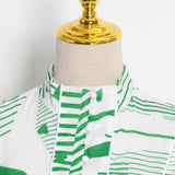 Green Fairycore Dress Pastoral Style Green Dress Autumn Small Stand Collar Single-Breasted Printing and Dyeing High Waist Big Swing Dress