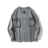 Mens Fall Outfits Spring and Autumn Washed Distressed Workwear Jacket Loose All-Matching V-neck Shirt Coat