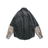 Men Shacket Long Sleeve Autumn Shirt Autumn Denim Shirt Stitching Stripe Long Sleeves Embroidered Pocket Shirt for Men