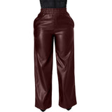 Faux Leather Pants Solid Color Waist Tight Loose Wide Leg Double Pocket PU Leather Pants Women