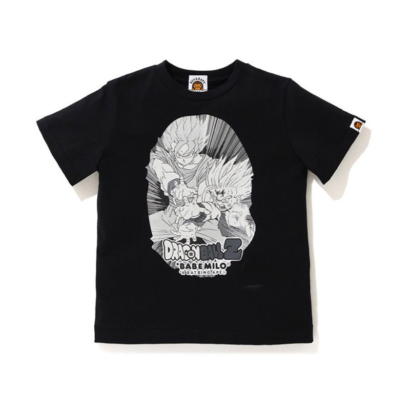 A Ape Print for Kids T Shirt Spring Summer Crew Neck Animal Smiley Face Black Cartoon T-shirt Short Sleeve Children's Clothing