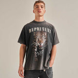 Present Letter Print T Shirt Present Leopard Printed Washed and Worn Loose-Fitting Casual round-Neck Short Sleeve T-shirt Men
