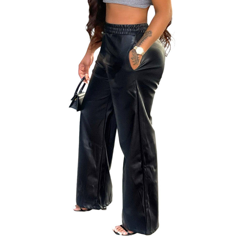 Faux Leather Pants Solid Color Waist Tight Loose Wide Leg Double Pocket PU Leather Pants Women