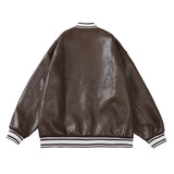Two Tone Leather Jacket Letter Embroidered Long Sleeve Baggy Coat Men's and Women's Leather Baseball Uniform